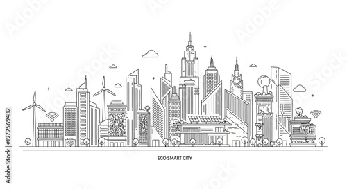 Eco smart cityscape illustration with wind turbines and skyscrapers showcasing sustainable urban planning and modern architecture with transportation and technology