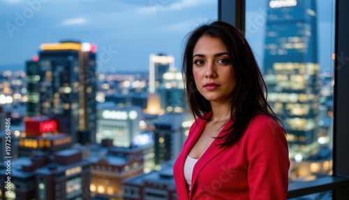 Confident Woman in Red Blazer Stands Near Window with City Skyline Background at Dusk