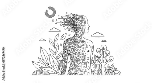 A person with a head full of leaves and flowers stands in a garden with trees, plants, and clouds floating around them whispers generated peaceful atmosphere.
