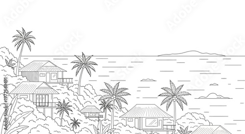 A serene tropical island scene with huts, palm trees, and rocky shoreline along the ocean viewed from a distance at sunset whisks generated tranquility