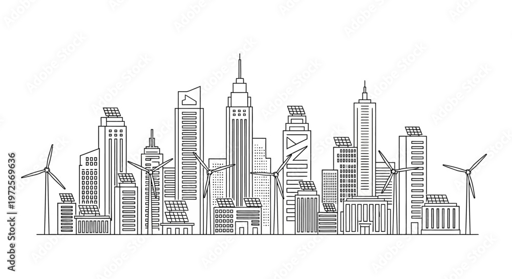 Fototapeta premium A detailed cityscape illustration depicts skyscrapers, buildings, and wind turbines standing tall in a metropolitan area with a mix of modern architecture and urban landscape.