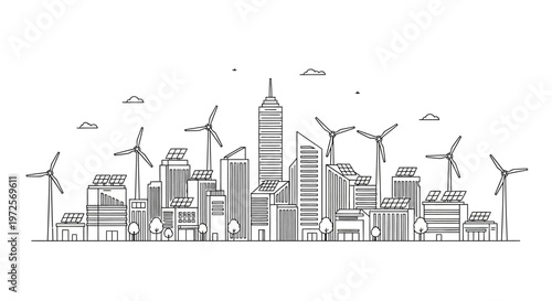 Cityscape with wind turbines standing tall amidst modern skyscrapers and urban landscape architecture under cloudy skies whisks generated 1775100465130 2