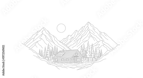 A serene mountain lodge sits amidst tall trees and majestic mountains under a full moon, with a tranquil lake reflecting the scenery, showcasing nature's beauty and peaceful atmosphere always.