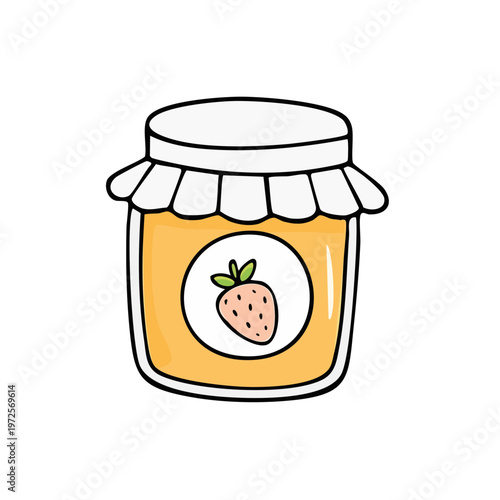 Hand drawn jar of strawberry jam with white lid and label