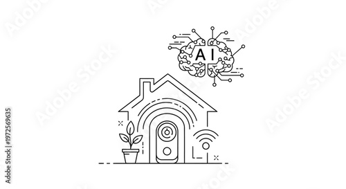 An illustration depicts a futuristic house with a brain emitting AI signals and a plant beside it in an urban environment viewed from the front.