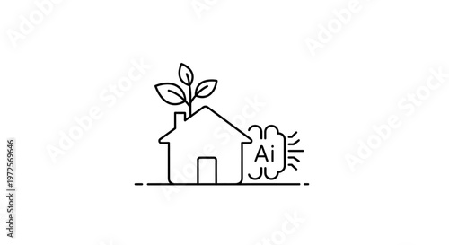 A line drawing of a house with a plant growing out of it and an artificial intelligence bubble next to it on a simple background.