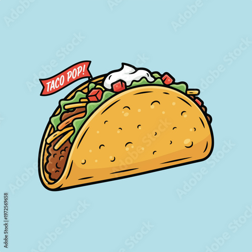 A vibrant vector illustration of a hard-shell taco overflowing with beef, lettuce, cheese, and sour cream, featuring a small red banner.