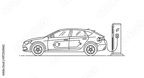 Electric vehicle charges at station with plug on side panel illustration