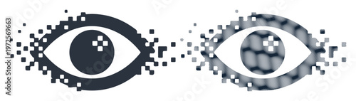 Digital eye icons, pixel art eyes, glitch effect, black and white graphics, abstract vector illustrations