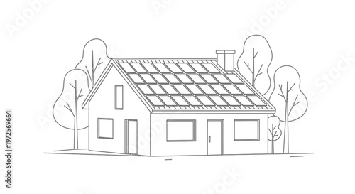 A line drawing of a house with solar panels on its roof surrounded by trees and plants in a natural landscape setting with a chimney and door