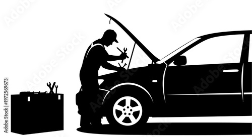 Silhouette of a mechanic working on a car engine with tools nearby.