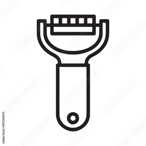 A simple black and white line drawing of a vegetable peeler with a circular handle