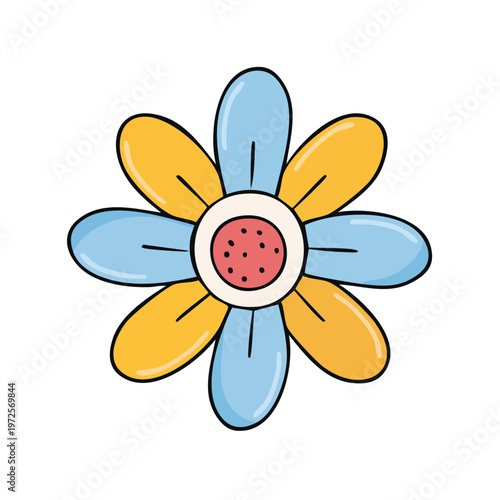 Cartoon flower with yellow and blue petals and a red center simple illustration