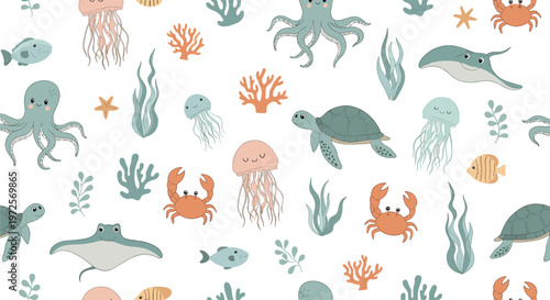 Charming seamless pattern featuring various sea creatures like octopuses, turtles, and crabs along with coral and seaweed for nursery and child themes.
