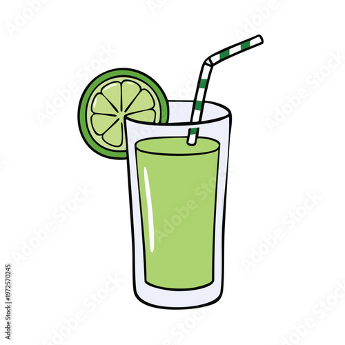 Refreshing green juice or smoothie with lime slice and straw in a tall glass