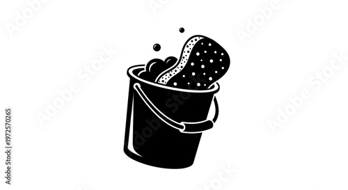 A black and white illustration of a bucket filled with water and a sponge, with bubbles rising.