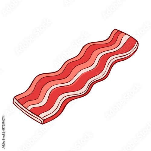 Wavy strip of uncooked savory bacon with distinct red and white layers