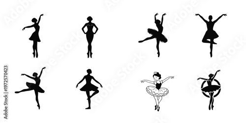 Elegant black ballet dancer silhouettes in various graceful poses.