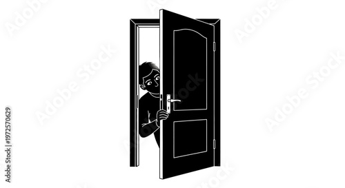 Burglar Peeking Through Open Door Vector - Home Security and Crime Concept