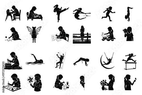 Collection of black silhouettes depicting young girls engaged in diverse childhood activities like sports, arts, and daily routines, illustrating growth and development.