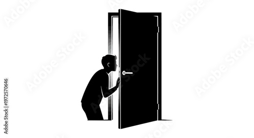 Silhouette of a Person Peeking Through a Slightly Open Door - Mystery or Intruder Concept Vector