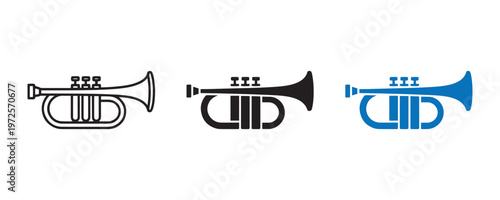 Title trumpet vector graphics black white and blue instrument illustrations description three trumpet illustrations in varying colors black white and blue
