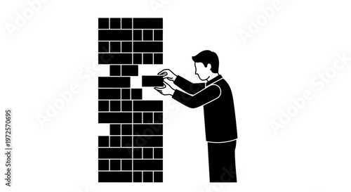 Man Playing Wood Block Stacking Game or Building Brick Wall - Strategy, Risk and Stability Concept Vector 