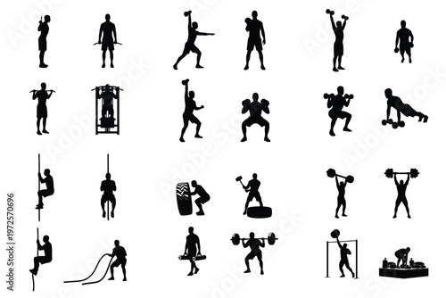 Collection of male fitness silhouettes performing various gym workouts and strength training exercises with equipment.