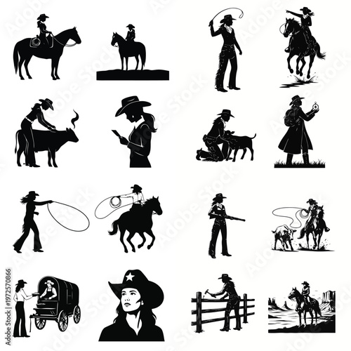 Collection of black and white cowgirl silhouettes in various Western activities including horse riding, roping, and ranch work, depicting the adventurous spirit of the American frontier.