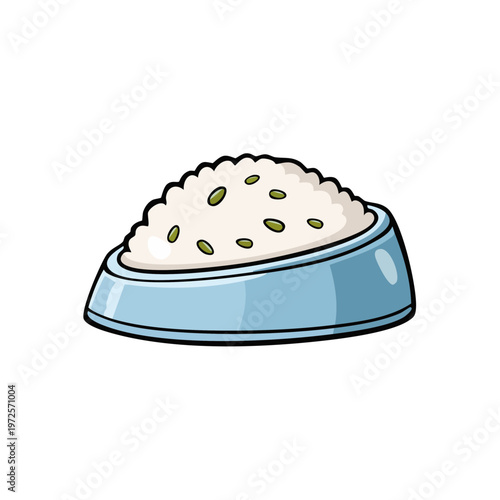 Blue pet food bowl filled with white kibble and green seeds illustration