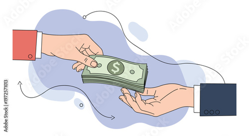 Hands exchanging a thick stack of dollar bills against a blue abstract background represents payment, salary, bribe, or a business transaction.