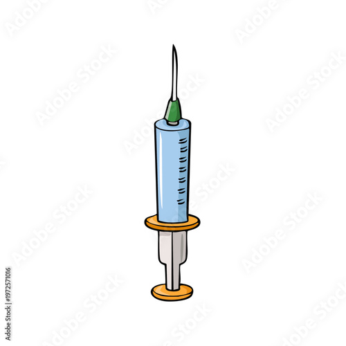 Hand drawn illustration of a medical syringe with a needle and plunger for administering medicine or vaccines