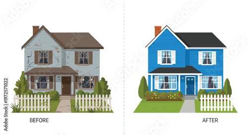 Striking visual progression displays a weathered gray wooden cottage with a broken fence evolving into a vibrant blue two-story residence featuring a white picket fence.