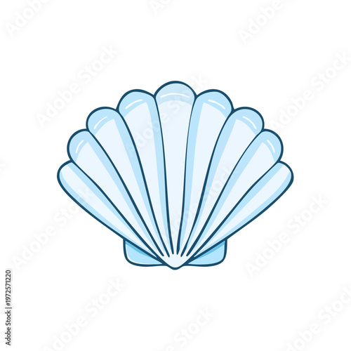 Illustration of a delicate blue seashell, a marine mollusk with a scalloped fan shape, isolated on white