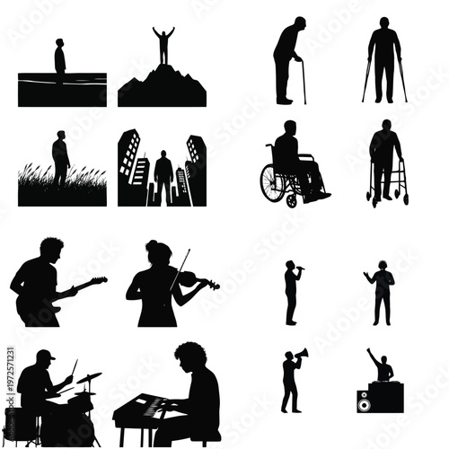 Collection of diverse human silhouettes representing various life stages, activities, and challenges, including musicians, people with disabilities, and figures in urban and natural settings.