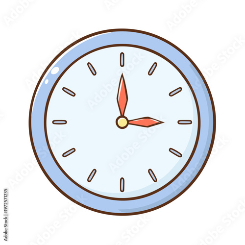 Simple analog clock face showing three o'clock with cartoon style illustration and pale blue and white colors