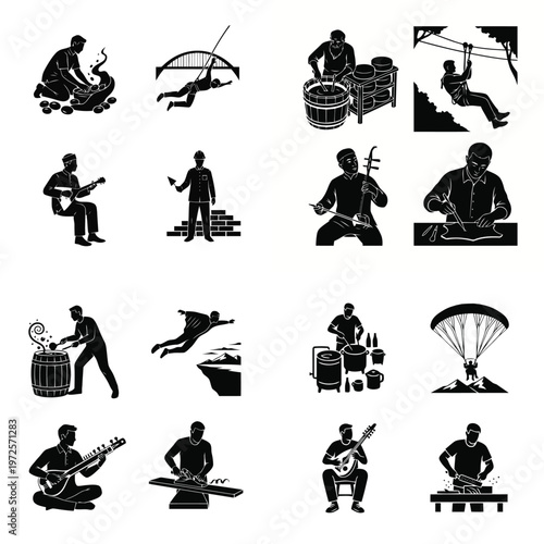 Diverse collection of black and white silhouette icons depicting various human activities, traditional crafts, musical instruments, and extreme sports.