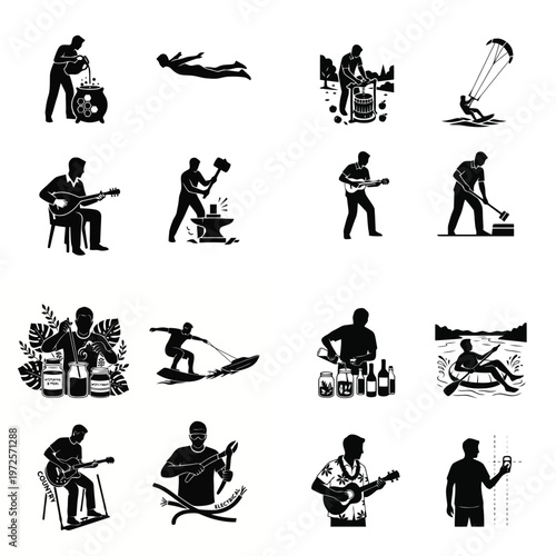 Diverse collection of black silhouette icons depicting various human activities, hobbies, and professions on a white background.