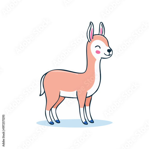 Cute cartoon alpaca standing and smiling with blushing cheeks and simple outline style