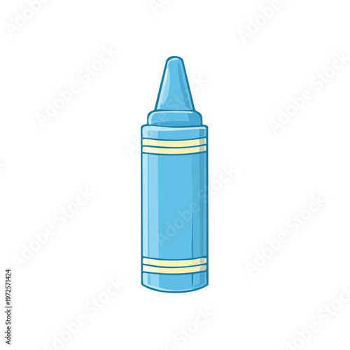 A single blue crayon with yellow stripes standing upright isolated on a white background