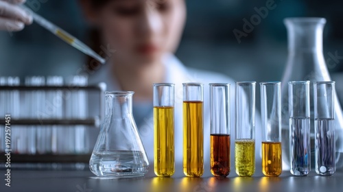 Scientist performing experiment with colorful liquids in test tubes