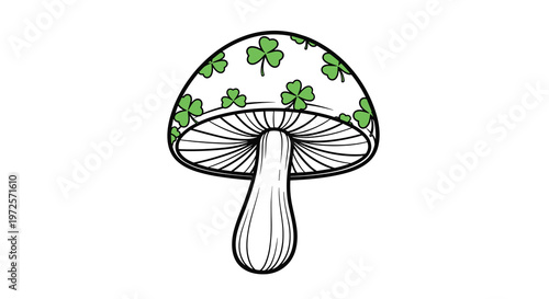 Mushroom featuring a pattern of green four leaf clovers on its cap represents good luck, nature, and a whimsical forest theme in a clean graphic style.