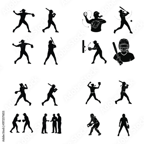 Silhouettes of female softball players in action