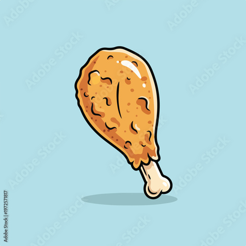 A cartoon vector illustration of a crispy golden-brown fried chicken drumstick against a light blue background with a subtle shadow underneath.