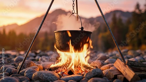 Iron pot hanging over a campfire at sunset. Cooking meal in wilderness during hiking trip. Eco-tourism outdoor experience with camping gear in natural landscape.