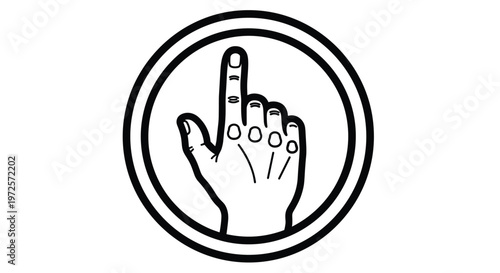 Simple black and white line art of a human hand with the index finger pointing upwards inside a double circle frame.