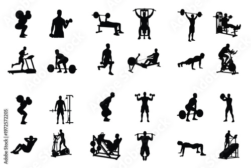 Silhouettes of people performing various gym workouts and fitness exercises with equipment.