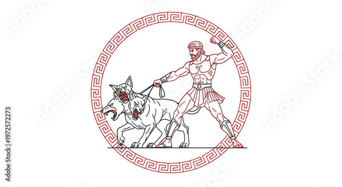 Greek mythological hero Hercules in a circular frame holding the three headed dog Cerberus on leashes during his labors.