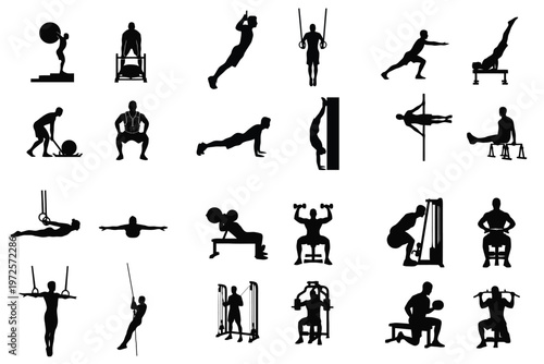 Collection of black silhouettes representing various fitness and workout activities, including weightlifting, calisthenics, and gym exercises.