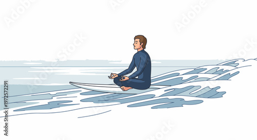 Surfer in wetsuit meditating peacefully on surfboard in calm ocean waves, practicing mindfulness and balance